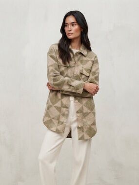 ARITZIA Wilfred WOOL The Ganna ™ Shirt Jacket Geometric Pattern Green Cream XS